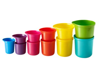 Colorful cups in various sizes and arranged in a stack, are great for a fun learning game. Isolated Transparent Background, PNG