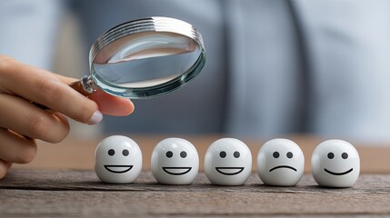 Businessman looks closely at happy avatars and virtual icons while working on a digital device on a wooden table