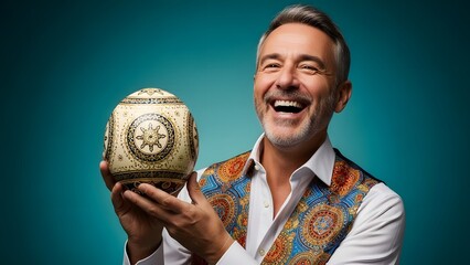 A smiling man holding an intricately designed object in his hands.