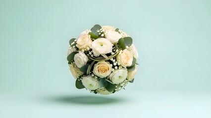 A beautiful bouquet of white roses and greenery on a light blue background