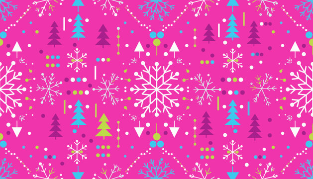 Vibrant Christmas pattern snowflakes fir trees and dots on a bright pink background Festive graphic design