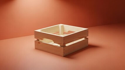 A small wooden crate sitting on a red surface with a light shining down