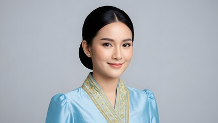 A young Asian woman wearing a traditional blue dress with gold embroidery