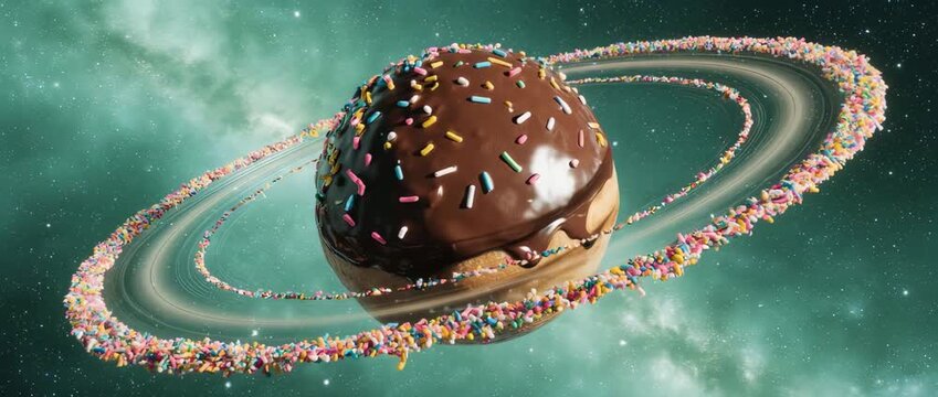 Surreal chocolate donut planet with sprinkle rings in green space