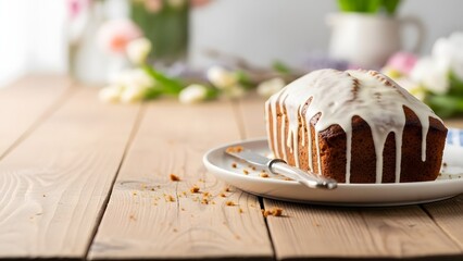 A delicious cake with white icing on a plate with a knife