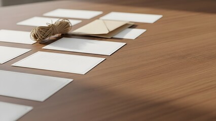 A collection of blank cards and envelopes on a wooden table with twine