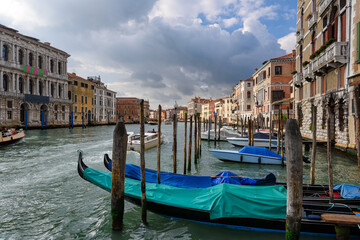 Grand canal and gondolas in Venice, Italy.  Architecture and landmarks of Venice. Venice postcard