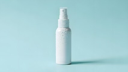 A white spray bottle standing alone on a light blue background