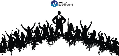 Obraz premium Successful businessman leader silhouette standing in front of cheering crowd, concept for leadership, achievement, professional victory, public speaking, corporate management, and audience engagement