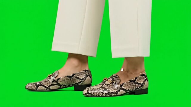 Python Print Loafers Green Screen Front View Feet Together Cream Pants Rose Gold Toe Ring Editorial