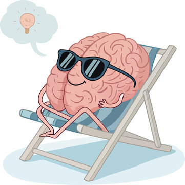 Cartoon brain in sunglasses relaxing on a deck chair, symbolizing rest and idea generation