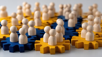 Wooden figures on puzzle pieces show the idea of connecting people in networks for business and social interactions on a white background