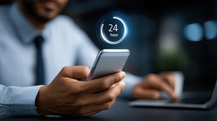 Businessman uses smartphone app to access fast customer support service with a virtual clock display on a dark background