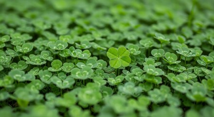 Fototapeta premium A lush carpet of green clover with a rare four-leaf variant visible from a close-up overhead viewpoint in a natural outdoor setting