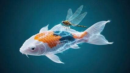 A goldfish with a dragonfly on its back against a blue background.
