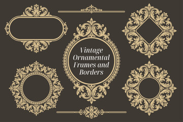 Vintage Ornamental Frames And Borders Vector Set With Elegant Gold Floral Scrollwork On Dark Background For Classic Design Projects