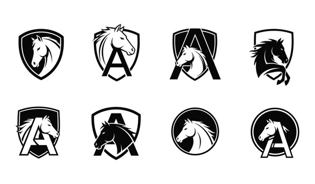 Collection of eight black and white horse head logos within shields and circles Keywords: horse, logo, shield, circle, black and white, emblem, symbol, icon, design, graphic, animal, equestrian