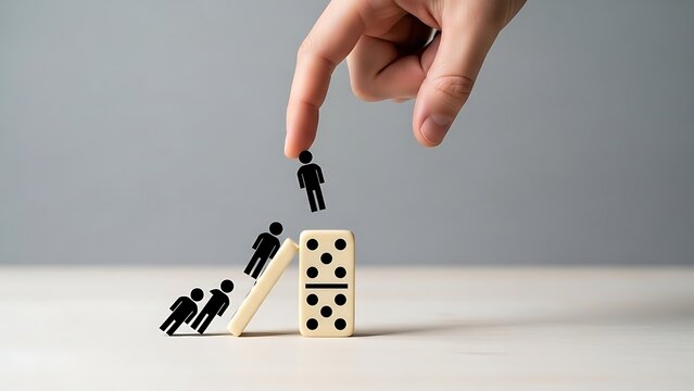 Hand places tiny person on domino effect with falling figures