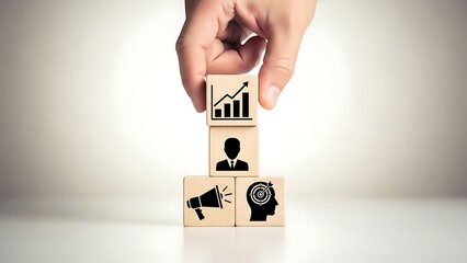 Hand stacking wooden blocks with business and marketing icons on white background