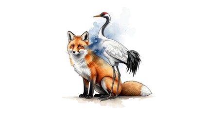 Obraz premium A red fox and a crane on a white background with watercolor splashes.