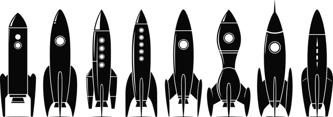 Collection of retro and modern rocket silhouettes, space exploration vehicle icons for sci-fi themes, aerospace design elements, cad drawing flat vector illustration © Faruk Here