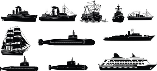 Collection of ship silhouettes, submarines, sailing vessels, fishing boats, cruise and military ship icons for marine transport, nautical design artwork © Faruk Here