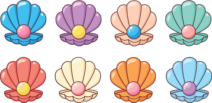 Colorful seashell with pearl icons set cartoon ocean treasure marine jewelry vector illustration