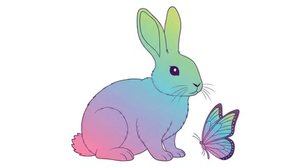 Obraz premium A rainbow-colored bunny with a butterfly on its nose.
