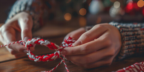 Close-up of female hands weaving a traditional Martenitsa bracelet from red and white threads, symbol of health and spring, with cozy festive lights in the background
