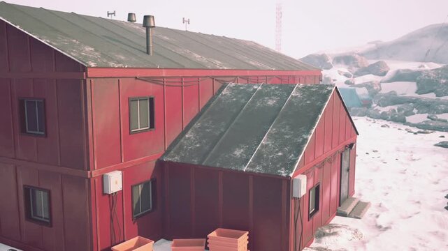 Scientists conduct experiments and monitor weather patterns at an old research station in Antarctica, surrounded by snow and ice.