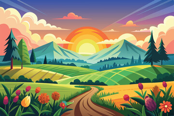 Obraz premium Colorful Sunset Landscape with Rolling Green Hills, Mountains, and Winding Path