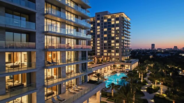 Luxury residential towers overlook illuminated pool area and cityscape at twilight