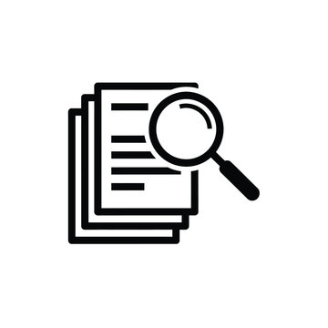 Vector illustration icon a black and white line icon of a stack of documents with a magnifying glass on top for search or investigation purposes