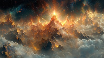 Obraz premium Majestic Mountain Range in Fiery Sunset with Sparkling Stars and Cosmic Atmosphere