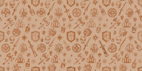 A repeating pattern of medieval weaponry skulls and shields in a muted tone