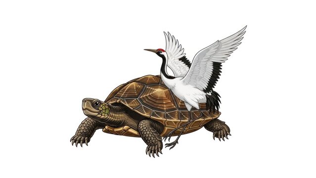 A red-crowned crane perched on a tortoise, with a white background.