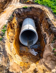 Concrete pipe laid in an earthen trench, surrounded by mud and sand. Aerial view captures construction detail
