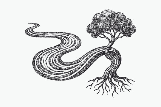 Stippling illustration of a stylized tree with strong roots and a flowing path.