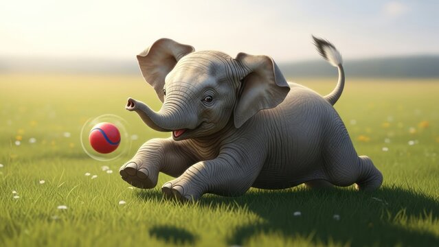 A cute elephant playing with a red and blue ball on a grassy field.