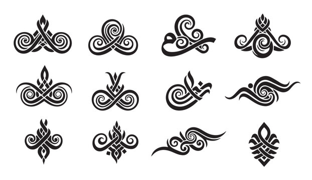 Collection of tribal Maori inspired swirling graphic design elements and symbols