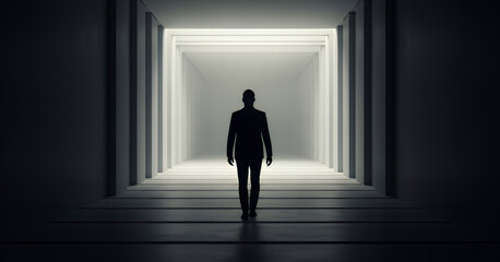 Man walking alone through a modern architectural passage conveys confidence, independence, and commitment to long term goals.