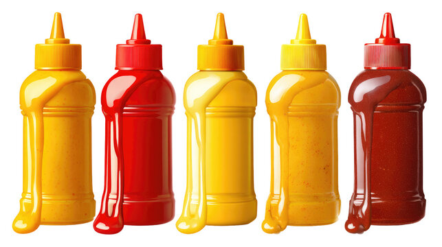 Five condiment bottles mustard ketchup isolated on transparent background