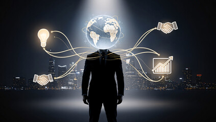 Businessman standing with global connections and digital icons in background  