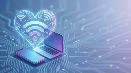 Digital Heart Wi-Fi Connection with Laptop and Smartphone on Circuit Board Background