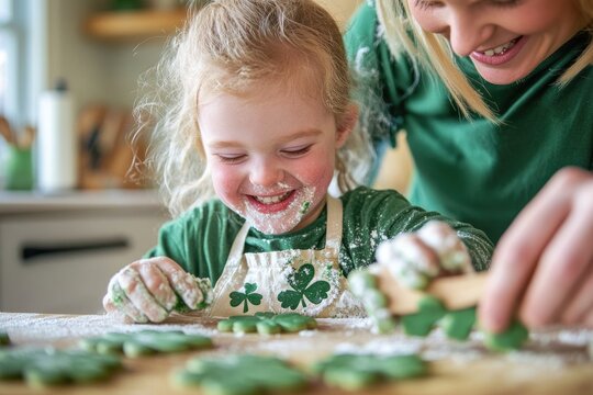 Family baking fun with green themed cookies for st. patrick's day celebration
