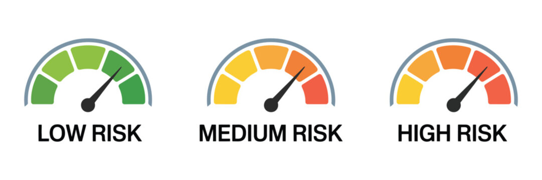 Risk meter icon set, speedometer-style gauges showing low, medium, high levels, vector illustration for business analytics, safety monitoring, corporate dashboards, and risk management visuals.