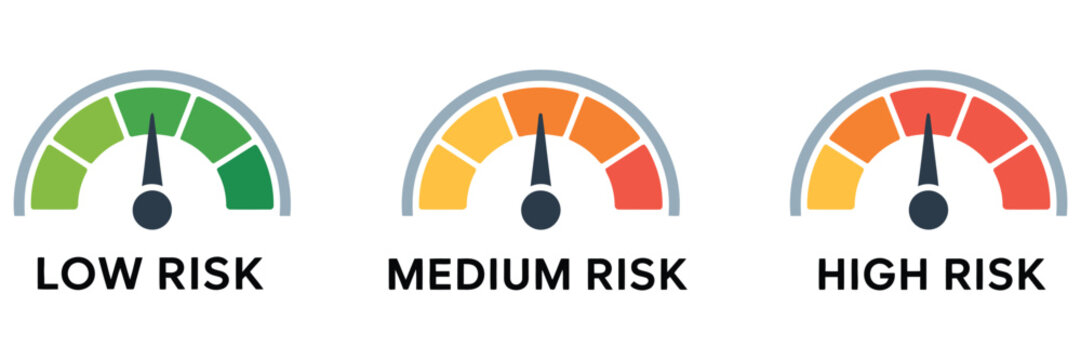Risk meter icon set, speedometer-style gauges showing low, medium, high levels, vector illustration for business analytics, safety monitoring, corporate dashboards, and risk management visuals.