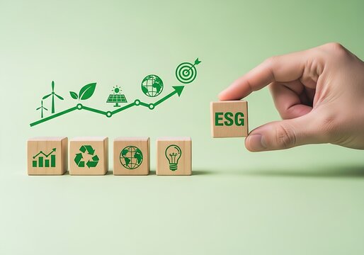 Minimalist studio shot depicting corporate social responsibility through wooden blocks and sustainable energy symbols on a green surface.