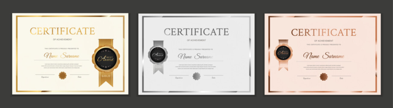 Three elegant achievement certificate templates: gold, silver, and bronze. Premium design with metal frames and badges. Editable vector for recognition and business.