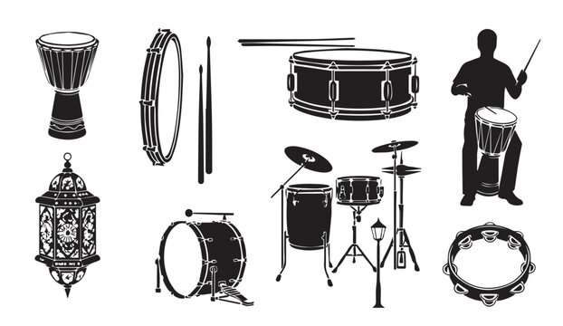 Black and white vector illustration of various drums and percussion instruments